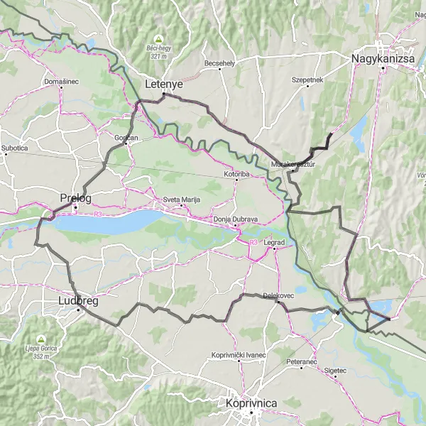 Map miniature of "Ludbreg and the Scenic Route" cycling inspiration in Sjeverna Hrvatska, Croatia. Generated by Tarmacs.app cycling route planner