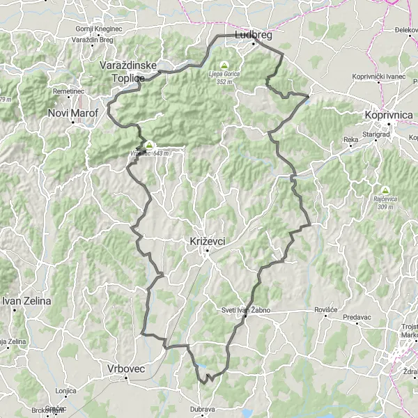 Map miniature of "Ludbreg Surroundings" cycling inspiration in Sjeverna Hrvatska, Croatia. Generated by Tarmacs.app cycling route planner