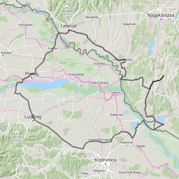 Map miniature of "Ludbreg and Surroundings" cycling inspiration in Sjeverna Hrvatska, Croatia. Generated by Tarmacs.app cycling route planner