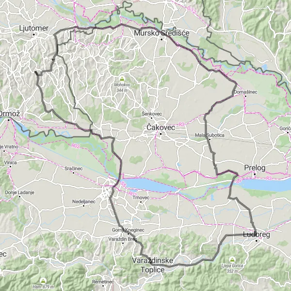 Map miniature of "Ludbreg to Gardinovec Road Route" cycling inspiration in Sjeverna Hrvatska, Croatia. Generated by Tarmacs.app cycling route planner