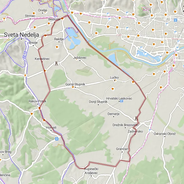 Map miniature of "Bestovje and Zadvorsko Gravel Adventure" cycling inspiration in Sjeverna Hrvatska, Croatia. Generated by Tarmacs.app cycling route planner
