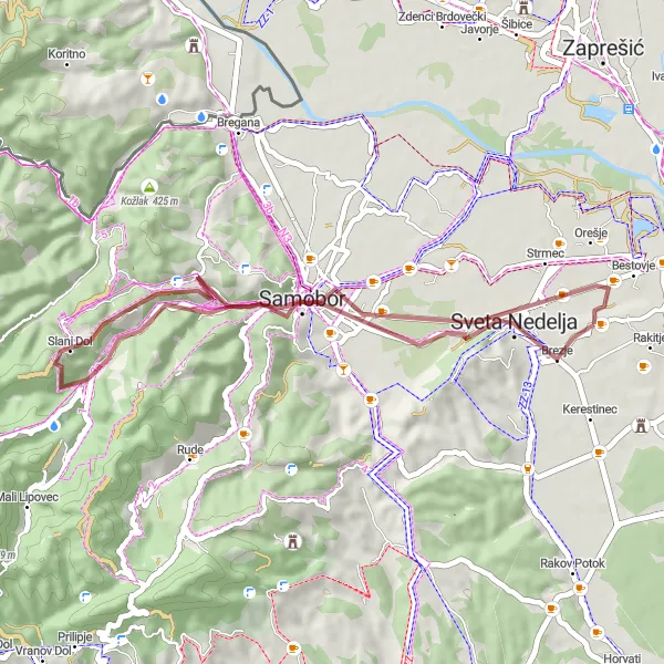 Map miniature of "Novaki Gravel Cycling Route" cycling inspiration in Sjeverna Hrvatska, Croatia. Generated by Tarmacs.app cycling route planner