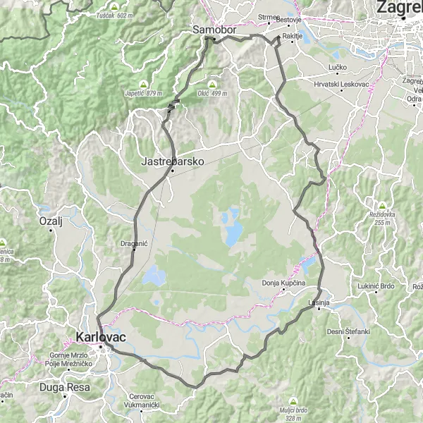 Map miniature of "Northern Croatia Road Cycling Route" cycling inspiration in Sjeverna Hrvatska, Croatia. Generated by Tarmacs.app cycling route planner