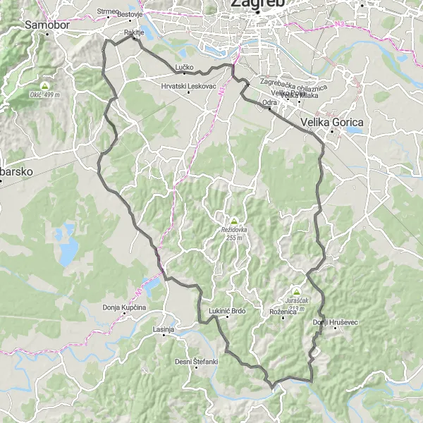 Map miniature of "Hill Country Road Cycling Adventure" cycling inspiration in Sjeverna Hrvatska, Croatia. Generated by Tarmacs.app cycling route planner