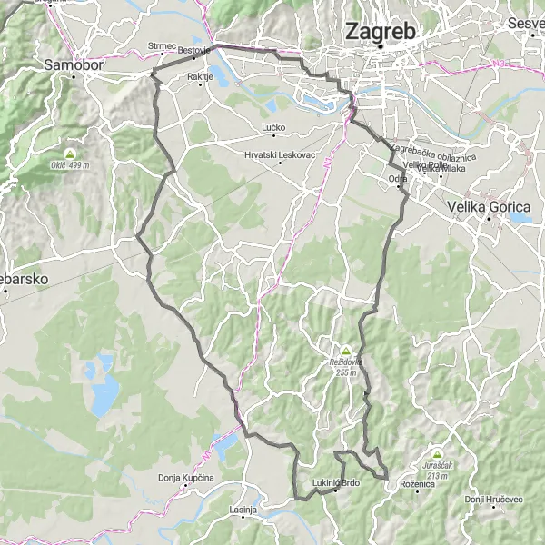 Map miniature of "Scenic Novaki Road Cycling Route" cycling inspiration in Sjeverna Hrvatska, Croatia. Generated by Tarmacs.app cycling route planner