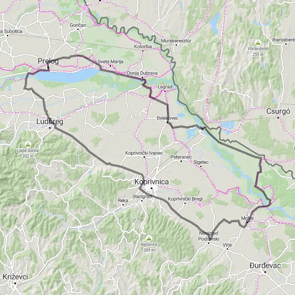 Map miniature of "Cycle to Novigrad Podravski" cycling inspiration in Sjeverna Hrvatska, Croatia. Generated by Tarmacs.app cycling route planner