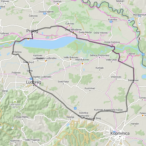Map miniature of "Cultural Gems and Stunning Landscapes" cycling inspiration in Sjeverna Hrvatska, Croatia. Generated by Tarmacs.app cycling route planner