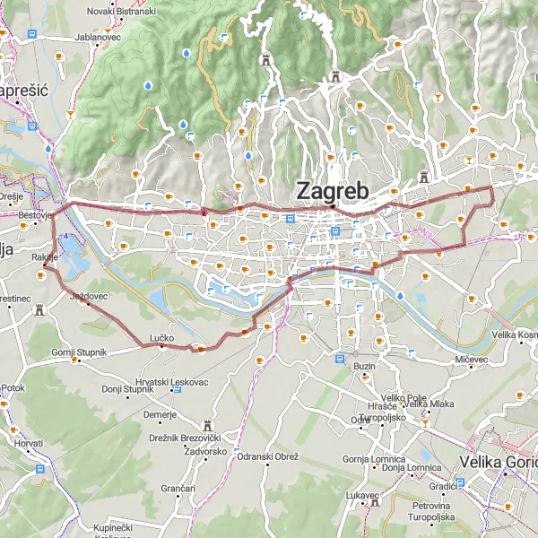 Map miniature of "Off-road Adventure near Rakitje" cycling inspiration in Sjeverna Hrvatska, Croatia. Generated by Tarmacs.app cycling route planner