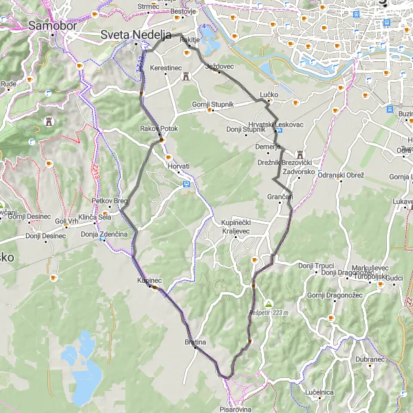 Map miniature of "Rakitje to Ferešinec Road Cycling Route" cycling inspiration in Sjeverna Hrvatska, Croatia. Generated by Tarmacs.app cycling route planner