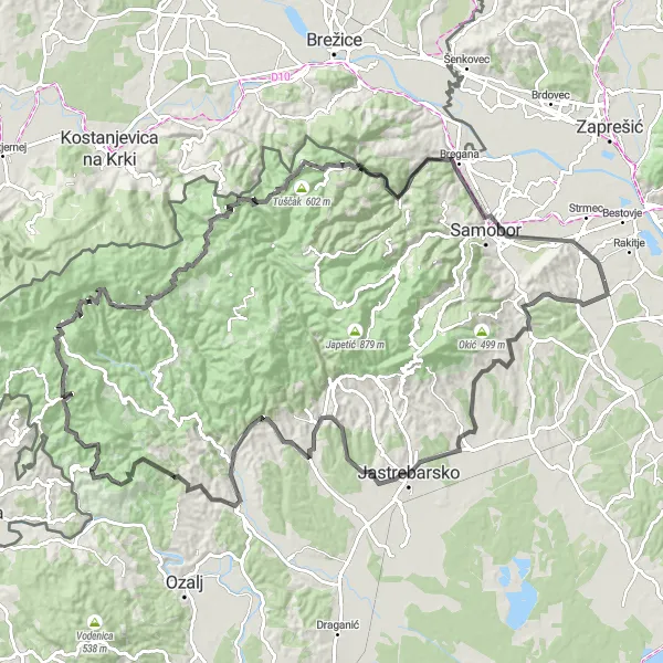 Map miniature of "Rakitje to Kozjak brdo Road Cycling Route" cycling inspiration in Sjeverna Hrvatska, Croatia. Generated by Tarmacs.app cycling route planner