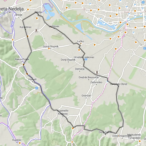 Map miniature of "Rakitje to Kerestinec Road Cycling Route" cycling inspiration in Sjeverna Hrvatska, Croatia. Generated by Tarmacs.app cycling route planner