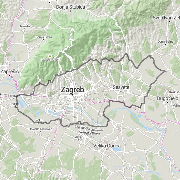 Map miniature of "Panoramic Tour from Rakitje" cycling inspiration in Sjeverna Hrvatska, Croatia. Generated by Tarmacs.app cycling route planner