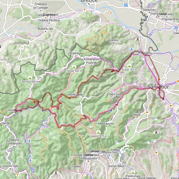 Map miniature of "Samobor Gravel Adventure" cycling inspiration in Sjeverna Hrvatska, Croatia. Generated by Tarmacs.app cycling route planner