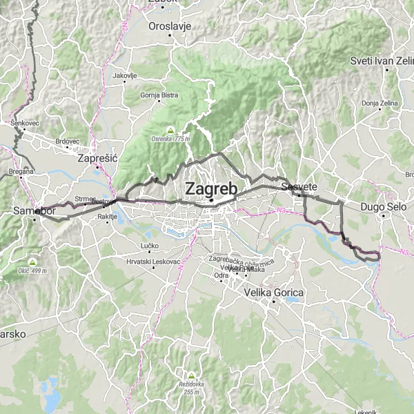 Map miniature of "Samobor to Podsljeme Road Route" cycling inspiration in Sjeverna Hrvatska, Croatia. Generated by Tarmacs.app cycling route planner