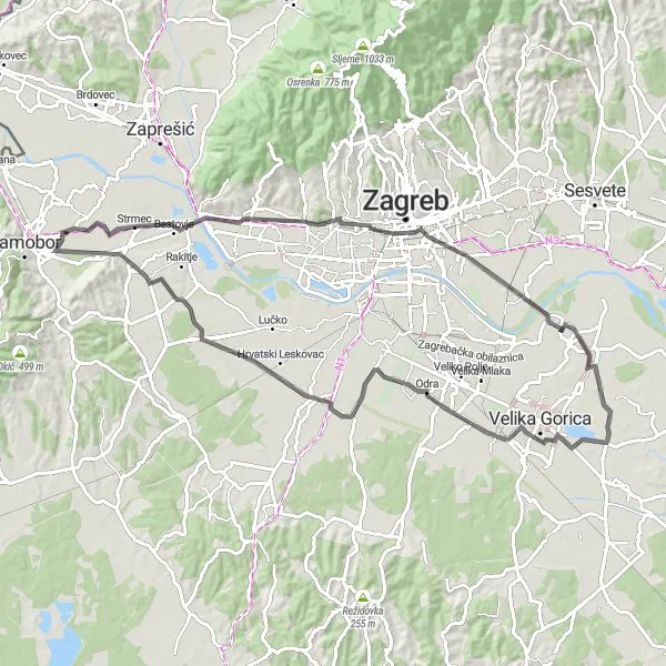 Map miniature of "Scenic Countryside Ride" cycling inspiration in Sjeverna Hrvatska, Croatia. Generated by Tarmacs.app cycling route planner