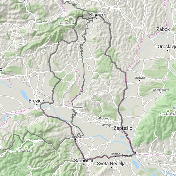 Map miniature of "Samobor to Zaprešić Road Route" cycling inspiration in Sjeverna Hrvatska, Croatia. Generated by Tarmacs.app cycling route planner