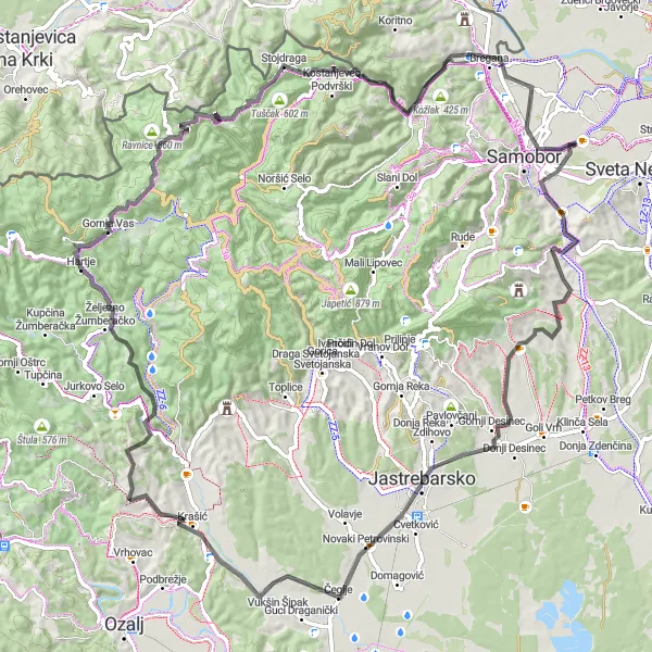 Map miniature of "Samobor Hrastina Samoborska Road Challenge" cycling inspiration in Sjeverna Hrvatska, Croatia. Generated by Tarmacs.app cycling route planner