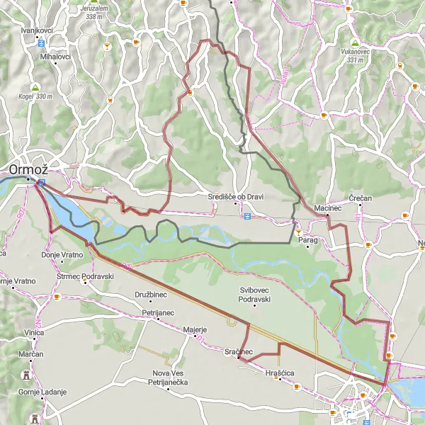 Map miniature of "Hidden Gems of Virje" cycling inspiration in Sjeverna Hrvatska, Croatia. Generated by Tarmacs.app cycling route planner