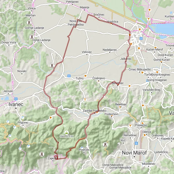 Map miniature of "Countryside Gravel Adventure" cycling inspiration in Sjeverna Hrvatska, Croatia. Generated by Tarmacs.app cycling route planner