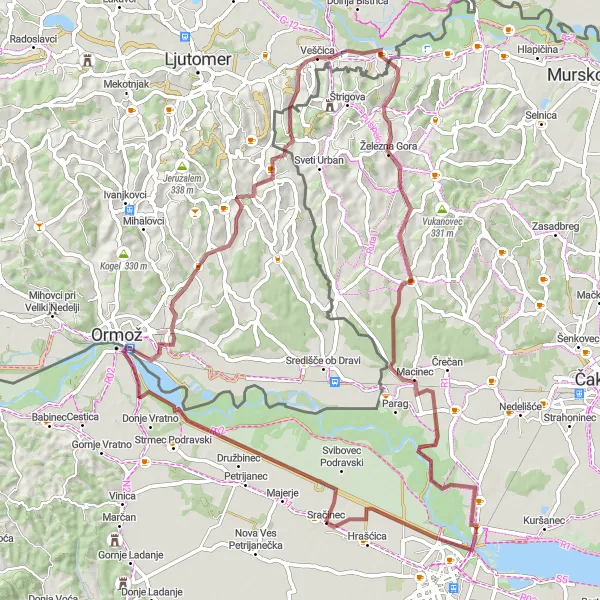 Map miniature of "Waterfalls and Rural Delights" cycling inspiration in Sjeverna Hrvatska, Croatia. Generated by Tarmacs.app cycling route planner