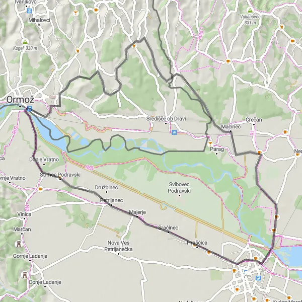 Map miniature of "Scenic Road Cycling Route from Sračinec to Humec" cycling inspiration in Sjeverna Hrvatska, Croatia. Generated by Tarmacs.app cycling route planner