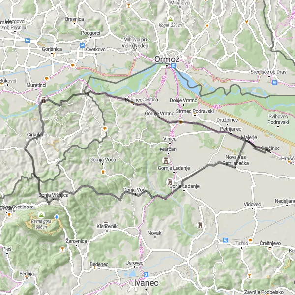 Map miniature of "Scenic Road Cycling Route from Sračinec to Petrijanec" cycling inspiration in Sjeverna Hrvatska, Croatia. Generated by Tarmacs.app cycling route planner