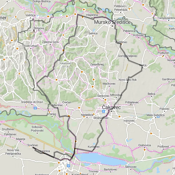 Map miniature of "Picturesque Road Cycling Route from Sračinec to Kuršanec" cycling inspiration in Sjeverna Hrvatska, Croatia. Generated by Tarmacs.app cycling route planner