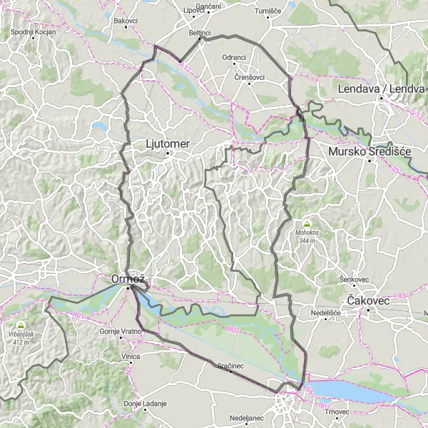 Map miniature of "Road Cycling Paradise" cycling inspiration in Sjeverna Hrvatska, Croatia. Generated by Tarmacs.app cycling route planner
