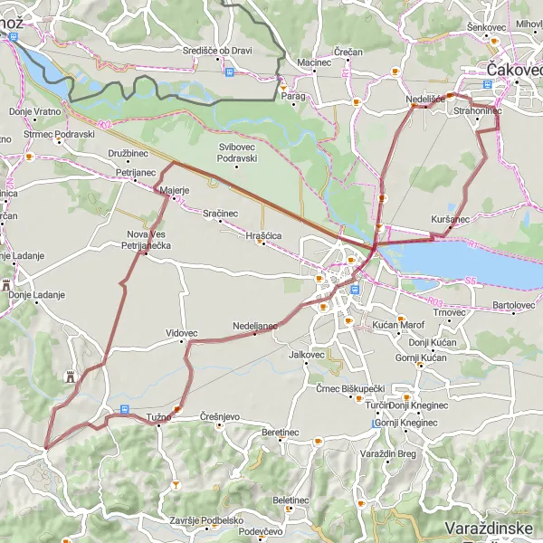 Map miniature of "Varaždin Gravel Adventure" cycling inspiration in Sjeverna Hrvatska, Croatia. Generated by Tarmacs.app cycling route planner