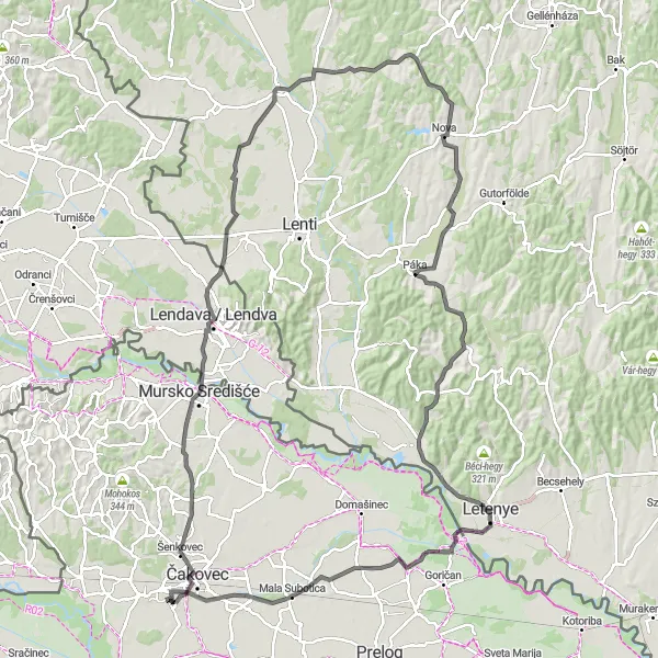 Map miniature of "Međimurje Adventure Road Cycling" cycling inspiration in Sjeverna Hrvatska, Croatia. Generated by Tarmacs.app cycling route planner