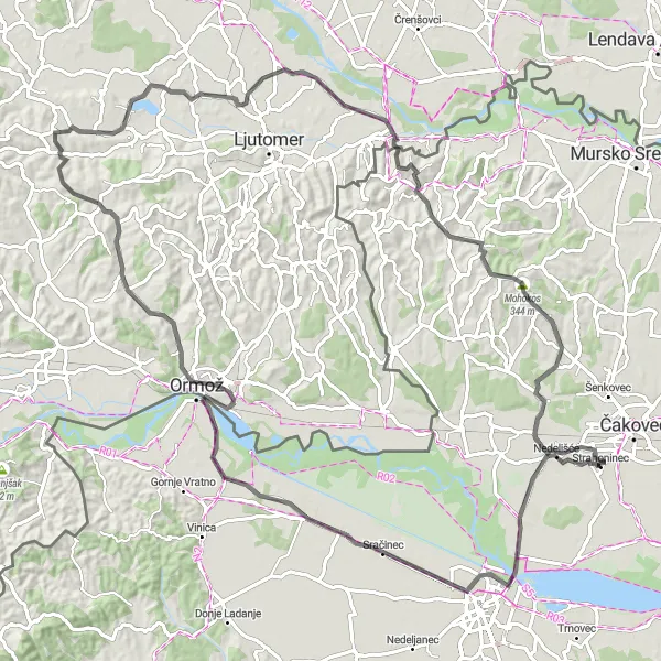 Map miniature of "Međimurje Panorama Road" cycling inspiration in Sjeverna Hrvatska, Croatia. Generated by Tarmacs.app cycling route planner