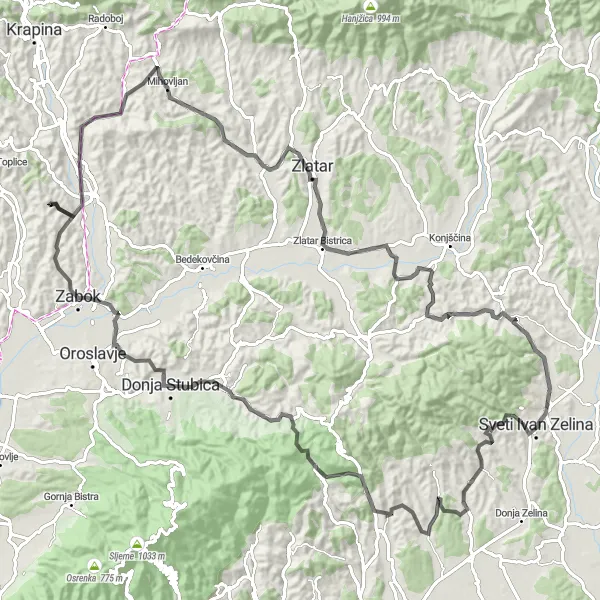 Map miniature of "Challenge Yourself on the Scenic Road Route from Sveti Ivan Zelina" cycling inspiration in Sjeverna Hrvatska, Croatia. Generated by Tarmacs.app cycling route planner