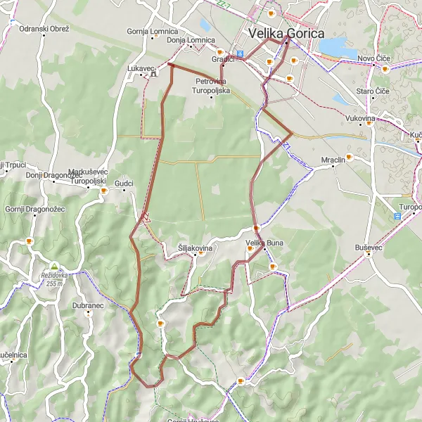 Map miniature of "The Hills of Pišinski Breg and Kostanjevec" cycling inspiration in Sjeverna Hrvatska, Croatia. Generated by Tarmacs.app cycling route planner