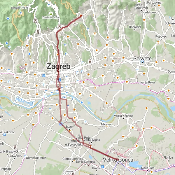 Map miniature of "Zagreb-Podsljeme Loop: A Cyclist's Paradise" cycling inspiration in Sjeverna Hrvatska, Croatia. Generated by Tarmacs.app cycling route planner