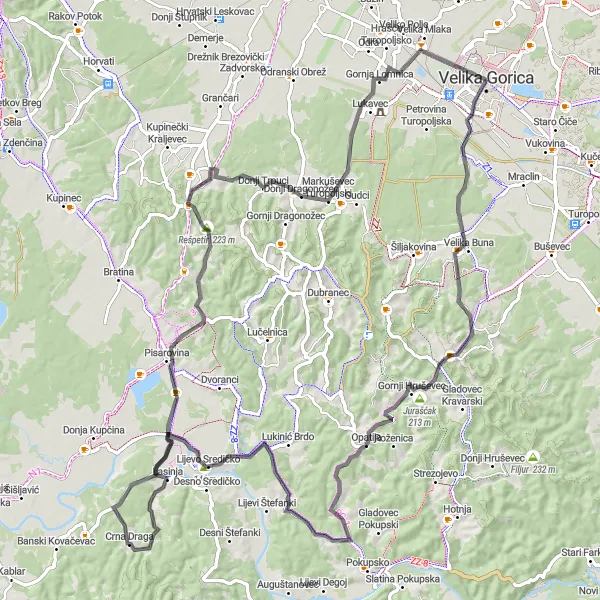 Map miniature of "The Gorica Loop" cycling inspiration in Sjeverna Hrvatska, Croatia. Generated by Tarmacs.app cycling route planner