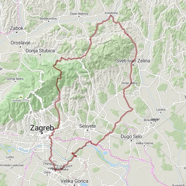 Map miniature of "The Gravel Loop around Velika Mlaka" cycling inspiration in Sjeverna Hrvatska, Croatia. Generated by Tarmacs.app cycling route planner