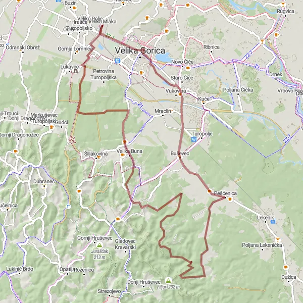 Map miniature of "Brežane Lekeničke Gravel Loop" cycling inspiration in Sjeverna Hrvatska, Croatia. Generated by Tarmacs.app cycling route planner