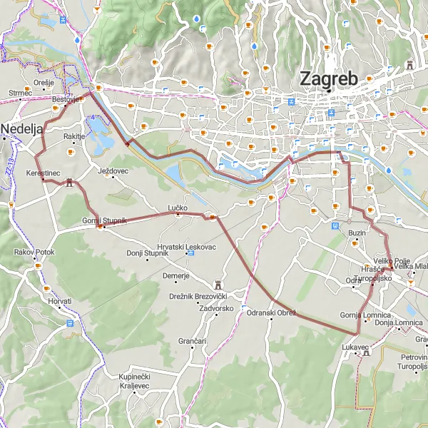 Map miniature of "Lučko and Novaki Gravel Adventure" cycling inspiration in Sjeverna Hrvatska, Croatia. Generated by Tarmacs.app cycling route planner