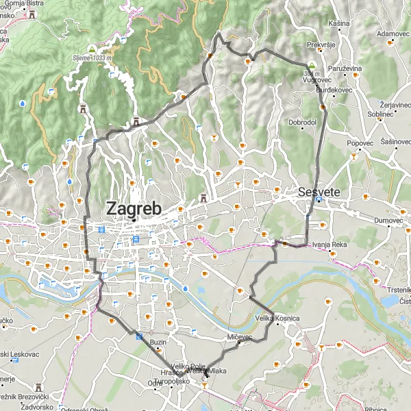 Map miniature of "A Scenic Ride through Velika Mlaka and Beyond" cycling inspiration in Sjeverna Hrvatska, Croatia. Generated by Tarmacs.app cycling route planner