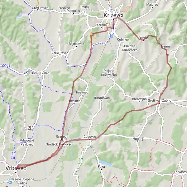 Map miniature of "Gravel Adventure through Vrbovec Countryside" cycling inspiration in Sjeverna Hrvatska, Croatia. Generated by Tarmacs.app cycling route planner