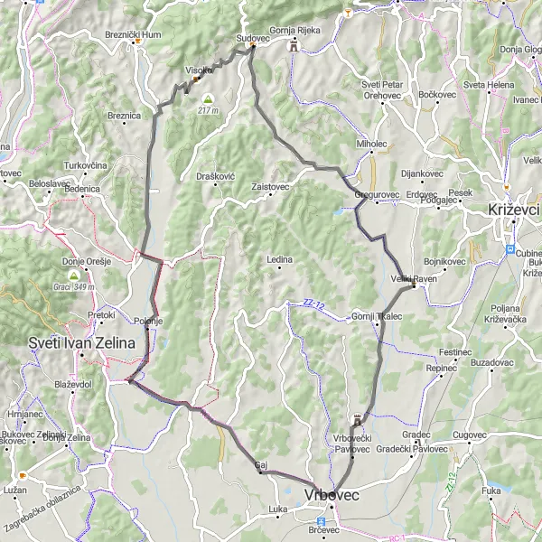 Map miniature of "Vrbovec Ribelj Loop" cycling inspiration in Sjeverna Hrvatska, Croatia. Generated by Tarmacs.app cycling route planner
