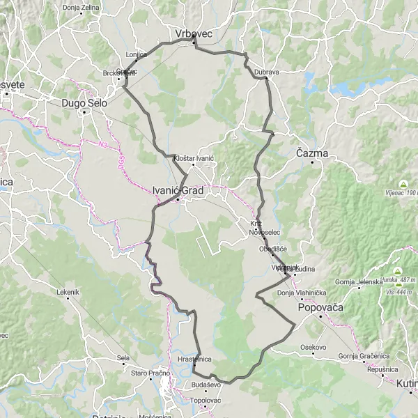 Map miniature of "Vrbovec Vidrenjski Loop" cycling inspiration in Sjeverna Hrvatska, Croatia. Generated by Tarmacs.app cycling route planner