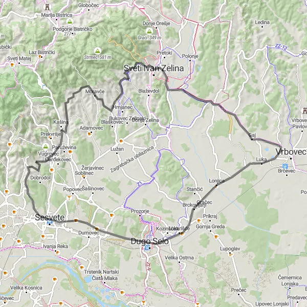 Map miniature of "Road Cycling Adventure from Vrbovec to Sveti Ivan Zelina" cycling inspiration in Sjeverna Hrvatska, Croatia. Generated by Tarmacs.app cycling route planner