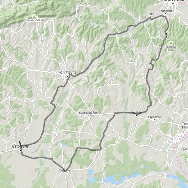 Map miniature of "Ultimate Road Cycling Challenge: Vrbovec to Sokolovac" cycling inspiration in Sjeverna Hrvatska, Croatia. Generated by Tarmacs.app cycling route planner