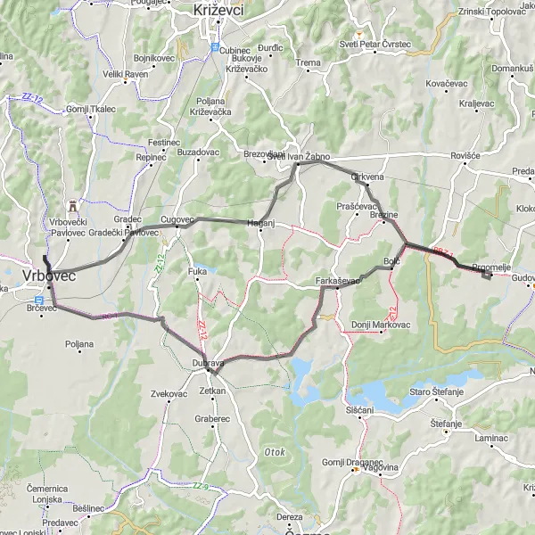 Map miniature of "Vrbovec to Cugovec Loop" cycling inspiration in Sjeverna Hrvatska, Croatia. Generated by Tarmacs.app cycling route planner