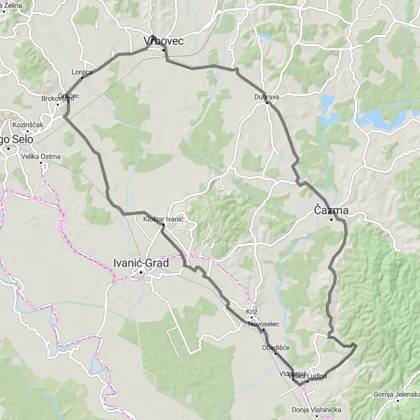 Map miniature of "Vrbovec Pobjenik Loop" cycling inspiration in Sjeverna Hrvatska, Croatia. Generated by Tarmacs.app cycling route planner