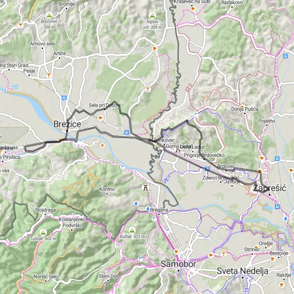 Map miniature of "Scenic Tour of Zaprešić and Škribulov Brijeg" cycling inspiration in Sjeverna Hrvatska, Croatia. Generated by Tarmacs.app cycling route planner