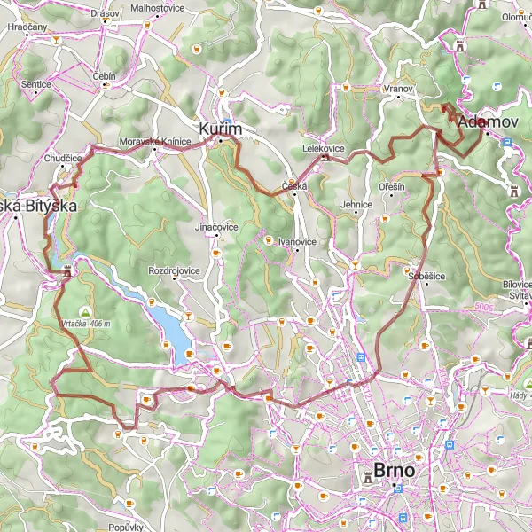 Miniatura mapy "Trasa na rowery szosowe z Adamova do Adamova przez Kuřim" - trasy rowerowej w Jihovýchod, Czech Republic. Wygenerowane przez planer tras rowerowych Tarmacs.app