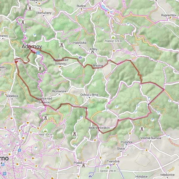 Mapa miniatúra "Gravelový výlet kolem Adamova" cyklistická inšpirácia v Jihovýchod, Czech Republic. Vygenerované cyklistickým plánovačom trás Tarmacs.app