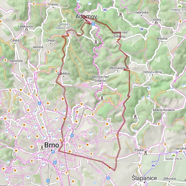 Karten-Miniaturansicht der Radinspiration "Gravel-Tour um Adamov" in Jihovýchod, Czech Republic. Erstellt vom Tarmacs.app-Routenplaner für Radtouren